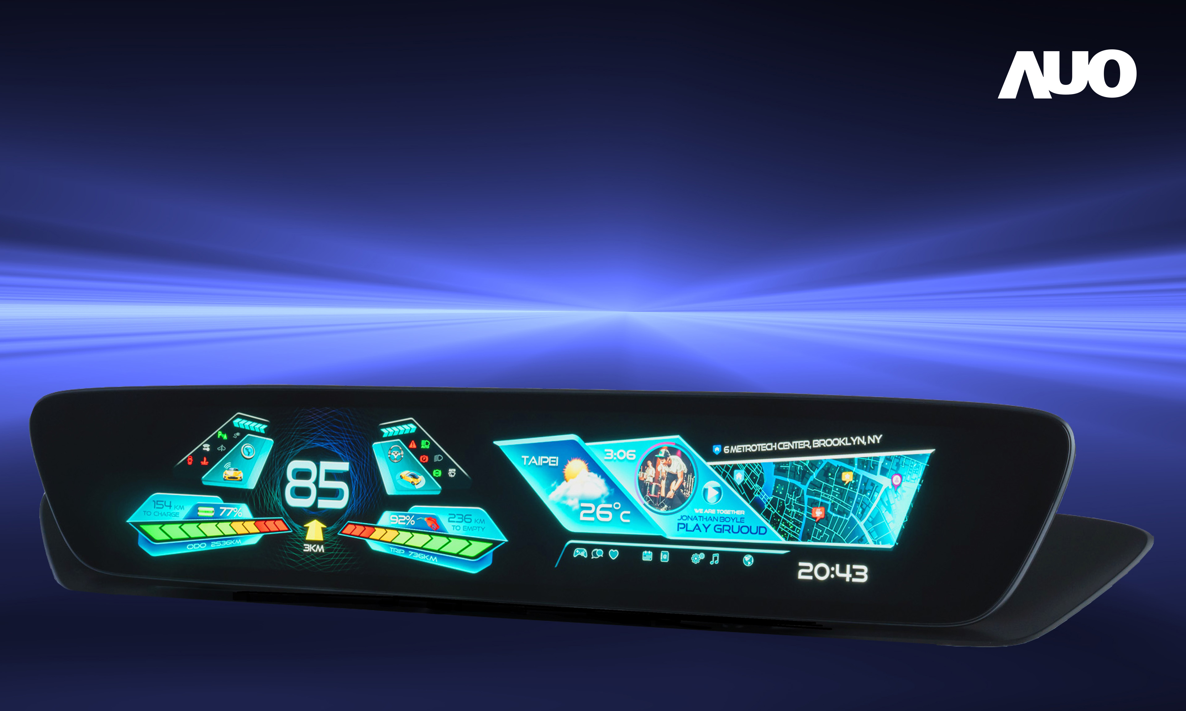 友達30.4吋異形曲面AmLED車載顯示系統，為一兼具儀表板及中控台人機介面的創新車載顯示系統，結合美學設計，提升車內科技沉浸感及使用體驗，讓車載顯示的未來應用更加多元化