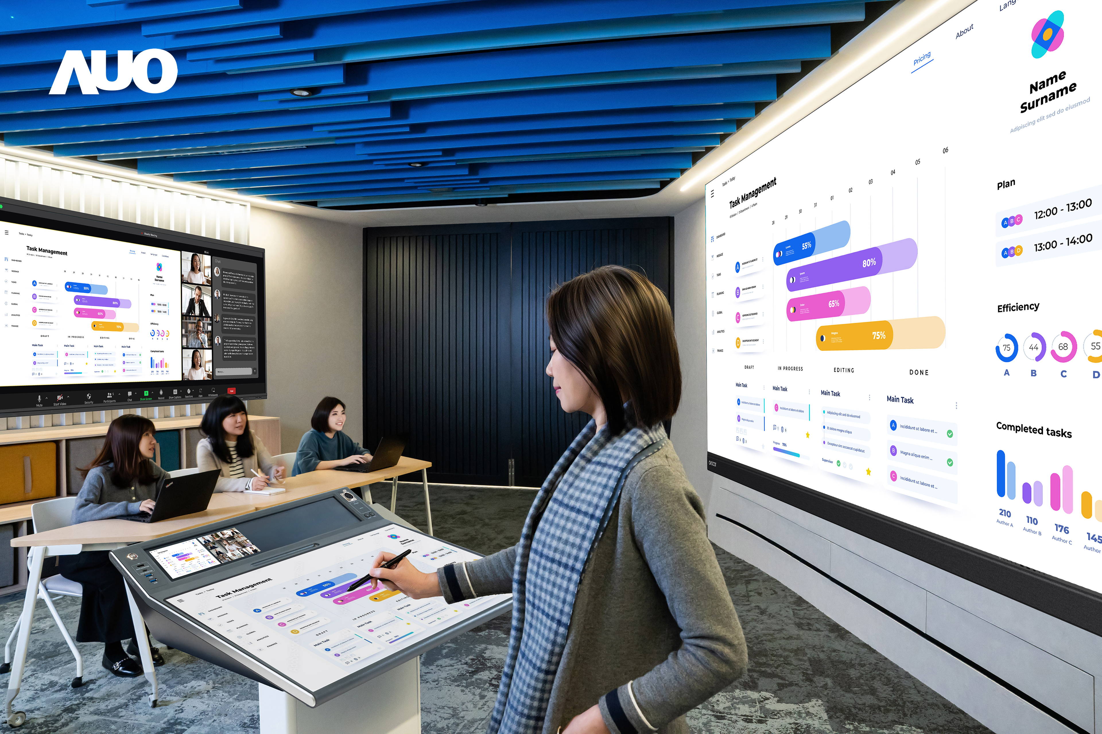 達擎攜手Avocor與Rise Vision展示全方位商務領域應用，包含採用模組化設計的138吋一體式All-in-One LED顯示器及具21:9超寬比例的92吋互動式電子白板（IFPD），講者可輕鬆分享內容，有效提升會議協作效率。